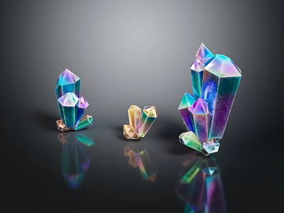 Glossy Colorful Stone Crystals In Purple Blue Yellow Hues With Black Background Reflections 3d model