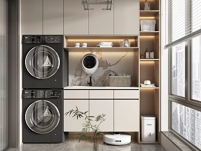 Modern Home Balcony With Stacked Washing Machines Storage Cabinets And Green Plants 3d model