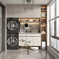 Modern Home Balcony With Stacked Washing Machines Storage Cabinets And Green Plants