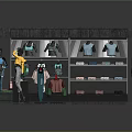 Retail Clothing Display Shelves with Hanging Apparel Folded Clothes and Mannequins in Modern Store Setup