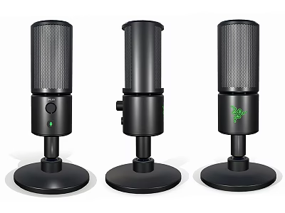 Three Black Mobile Digital Microphones With Desktop Stand For Studio Recording Use 3d model