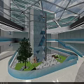 Modern Atrium Space With Glass Roof Geometric Pillar Green Tree And Staircase