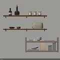 Wooden Wall Mounted Shelving Units for Kitchen Storage with Bottles Jars Bowls Toaster and Books