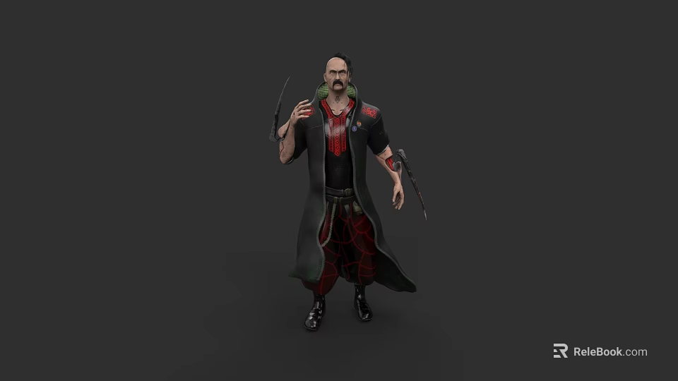 Bearded Male Game Movie Character In Long Black Coat With Red Accents And Weapons 3d model 