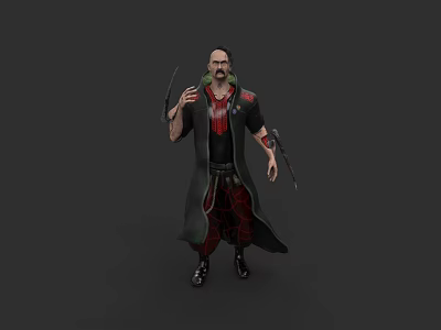 Bearded Male Game Movie Character In Long Black Coat With Red Accents And Weapons 3d model