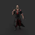 Bearded Male Game Movie Character In Long Black Coat With Red Accents And Weapons