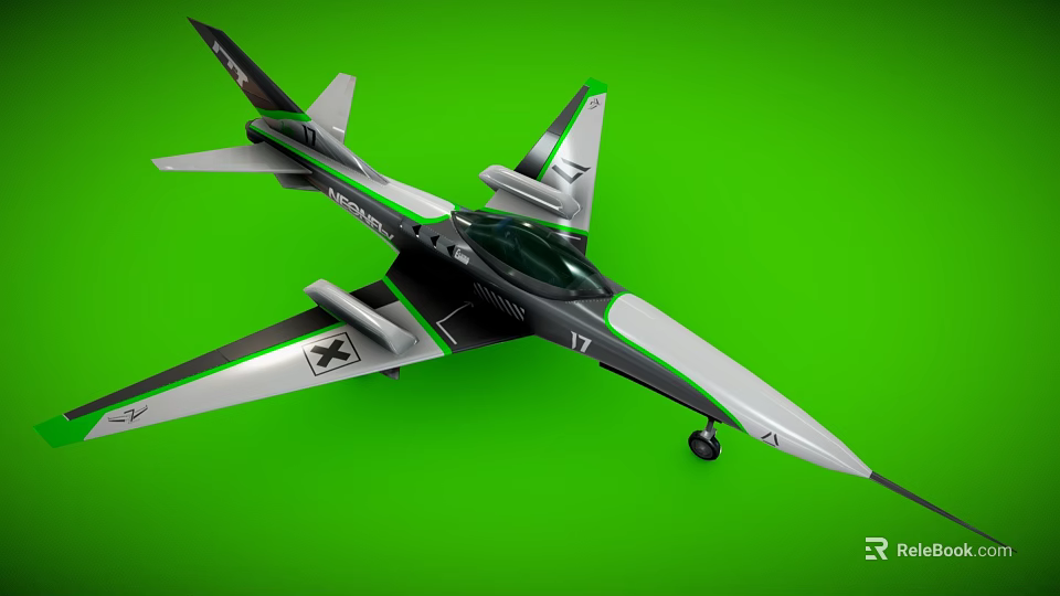 Sleek Modern Passenger Jet With Silver Gray Body Green Accent Lines And Transparent Cockpit Design 3d model 