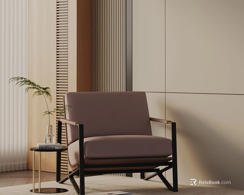 Modern Leisure Chair With Upholstered Seat Black Metal Frame Side Table And Green Plant 3d model 