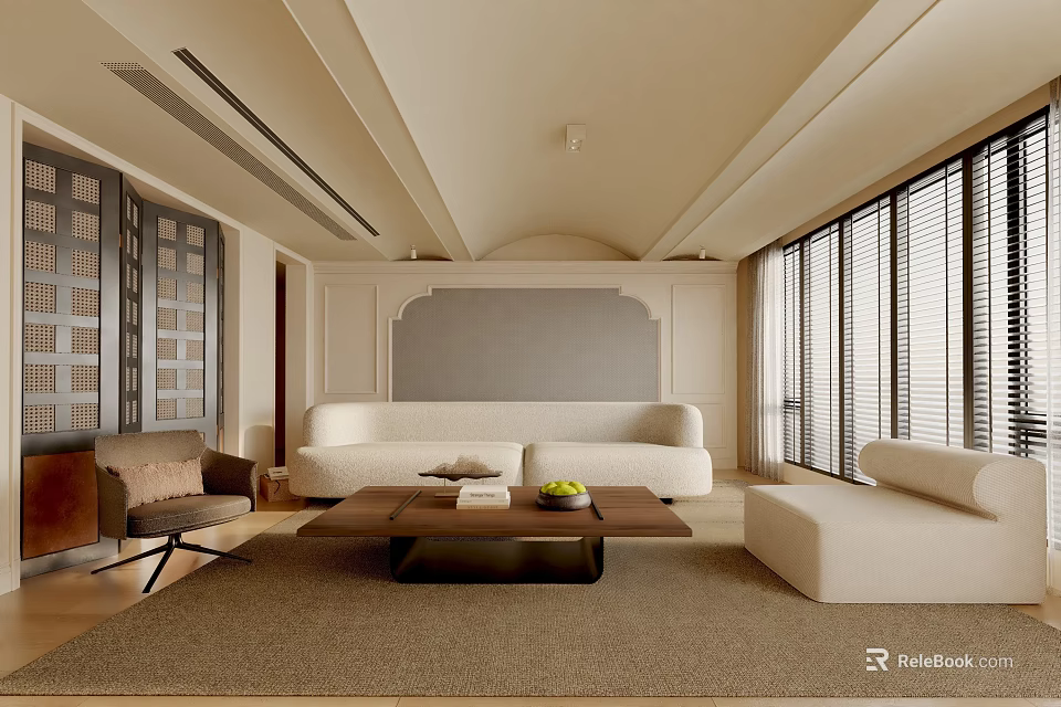 Modern Living Room Interior With White Sofa Wooden Coffee Table Area Rug And Accent Wall 3d model 
