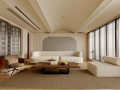 Modern Living Room Interior With White Sofa Wooden Coffee Table Area Rug And Accent Wall 3d model