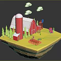 Red Barn With White Roof Pine Trees Red Tractor And Clouds Above Yellow Ground