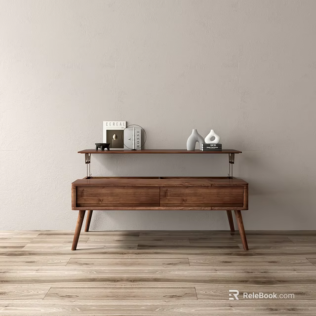 Modern Walnut Wood Coffee Table With Drawer Shelf And Decorative Vases Photo Frame 3d model 