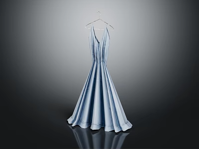 Elegant light blue long dress with pleated design hanging on hanger against dark background 3d model