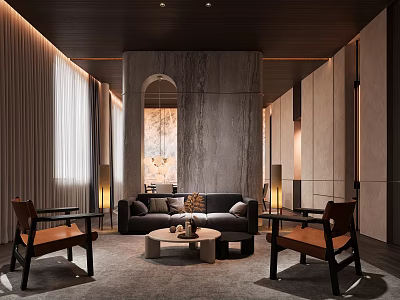 Cozy Living Room Interior With Dark Sofa Brown Armchairs Round Coffee Table And Marble Accent Wall 3d model