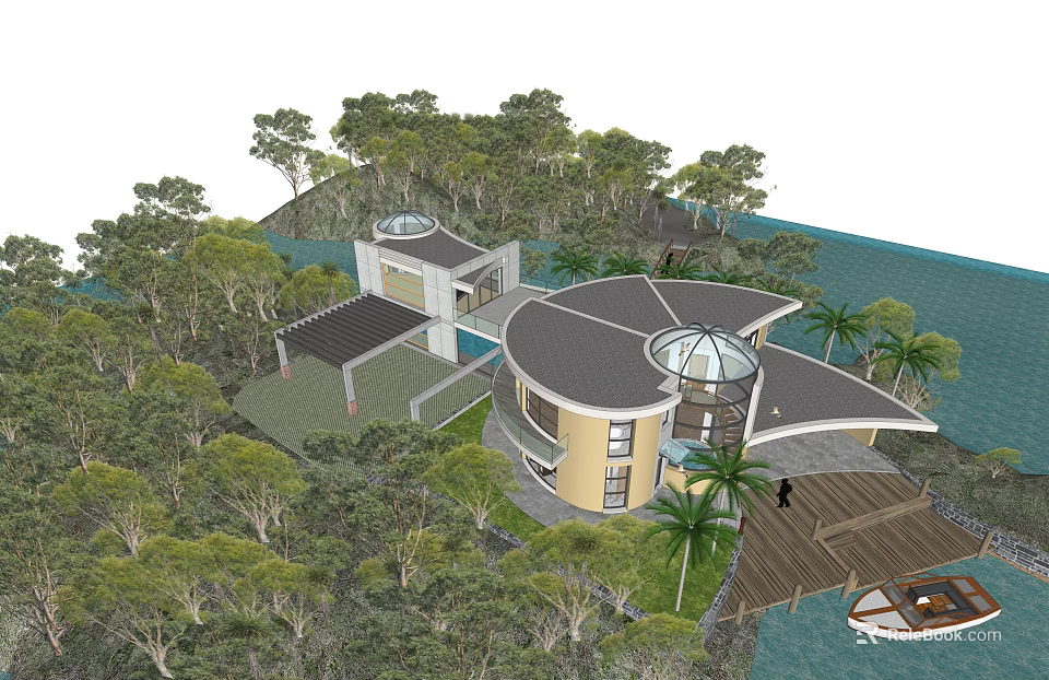 Modern Detached Villa With Circular Roof By Waterfront Surrounded By Trees And Wooden Dock 3d model 