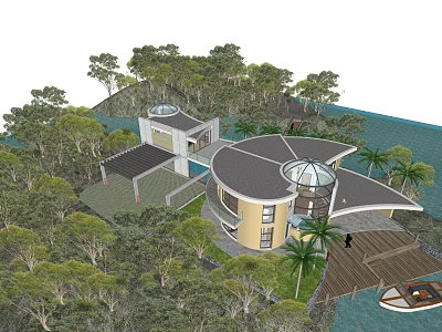 Modern Detached Villa With Circular Roof By Waterfront Surrounded By Trees And Wooden Dock 3d model