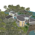 Modern Detached Villa With Circular Roof By Waterfront Surrounded By Trees And Wooden Dock