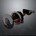 Futuristic Weapon with Silver Metal Coil Black Components Red Details and Mechanical Structure