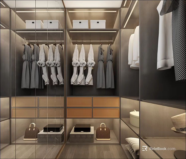 Modern Walk-in Closet Interior With Hanging Dresses Storage Boxes Drawers And Handbags 3d model 