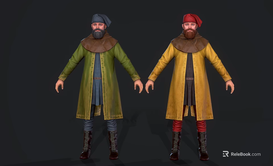 Two Men in Historical Costume with Gray Red Turbans Green Yellow Robes Beards Brown Boots 3d model 