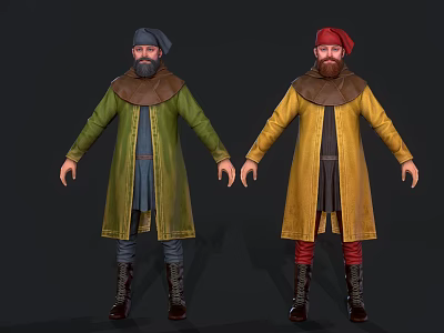 Two Men in Historical Costume with Gray Red Turbans Green Yellow Robes Beards Brown Boots 3d model