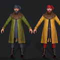 Two Men in Historical Costume with Gray Red Turbans Green Yellow Robes Beards Brown Boots