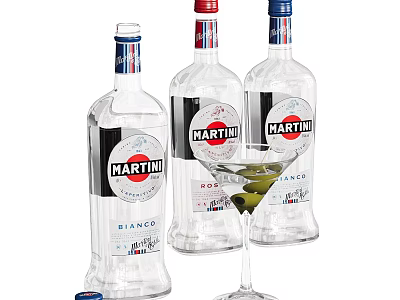 Martini Bianco Spirit Bottles With Olive Garnished Cocktail Glass For Serving Drinks 3d model