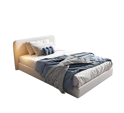Modern Minimalist Single Bed Design With White Headboard White Gray Pillows And Blue Gray Blanket 3d model