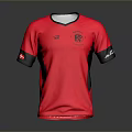 Red Sports Shirt With Black Accents And Logos On Sleeves And Chest