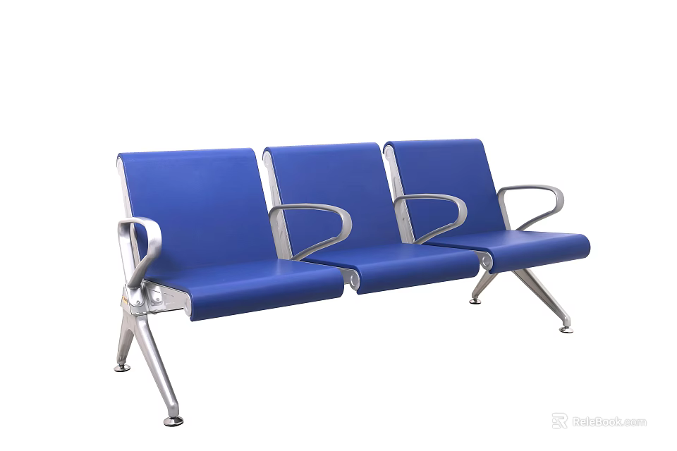 Comfortable Blue Three Seater Public Chair With Sturdy Metal Frame And Armrests 3d model 