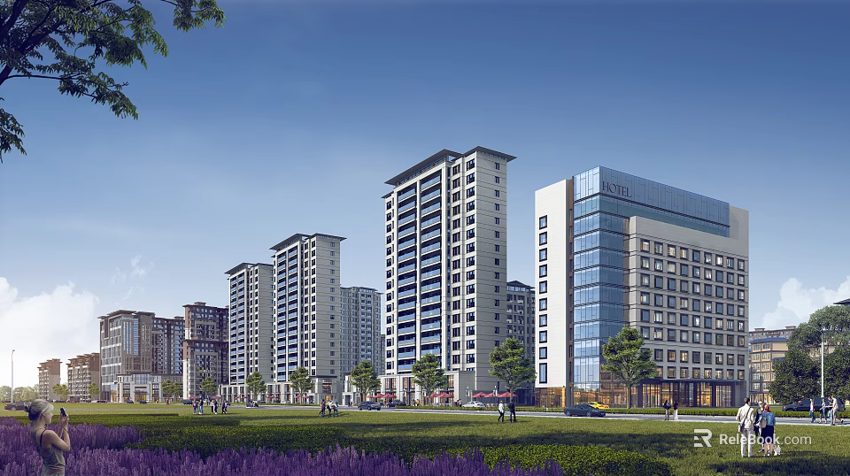 Birds Eye View Planning Of Urban Residential Commercial Buildings With Green Areas And Pedestrian Spaces 3d model 