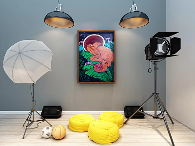 Mobile Digital Products Photography Studio Setup With Lights And Yellow Cushions 3d model