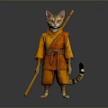 3D Cat Character In Orange Samurai Robe Holding Wooden Staff And Standing Pose