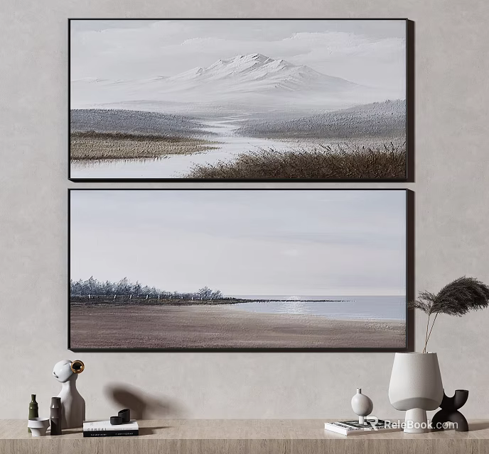 Two Landscape Paintings With Mountain River Lake And Trees On Living Room Wall 3d model 