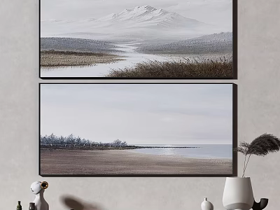 Two Landscape Paintings With Mountain River Lake And Trees On Living Room Wall 3d model