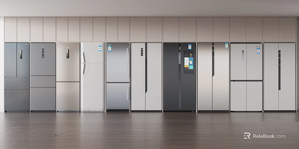 Row Of Modern Refrigerators And Freezers With Various Styles And Colors 3d model 