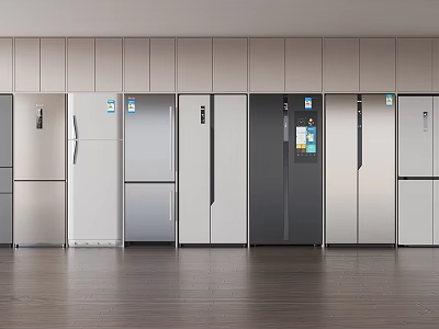 Row Of Modern Refrigerators And Freezers With Various Styles And Colors 3d model