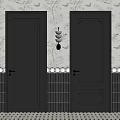 Stylish Black Doors With Decorative Frames Golden Handles Floral Wallpaper And Black Tiles