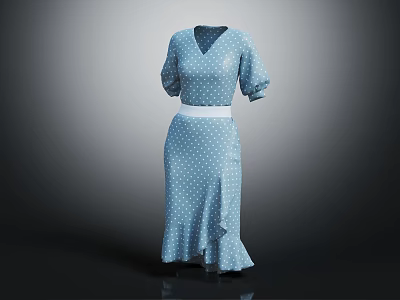 Light Blue Polka Dot Dress With Three Quarter Sleeves White Belt And Asymmetric Hem 3d model