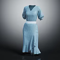 Light Blue Polka Dot Dress With Three Quarter Sleeves White Belt And Asymmetric Hem