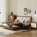 Double Bed With Tufted Headboard Wooden Frame Nightstand Framed Artwork And Area Rug