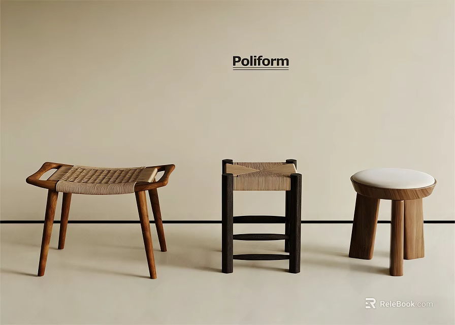 Poliform Modern Shoe Stools In Different Styles With Wooden Frames And Woven Seats 3d model 
