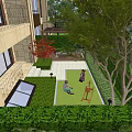 Garden Landscape with Children Playing Wooden Rocking Horse Green Lawn Trimmed Hedges and Pergola