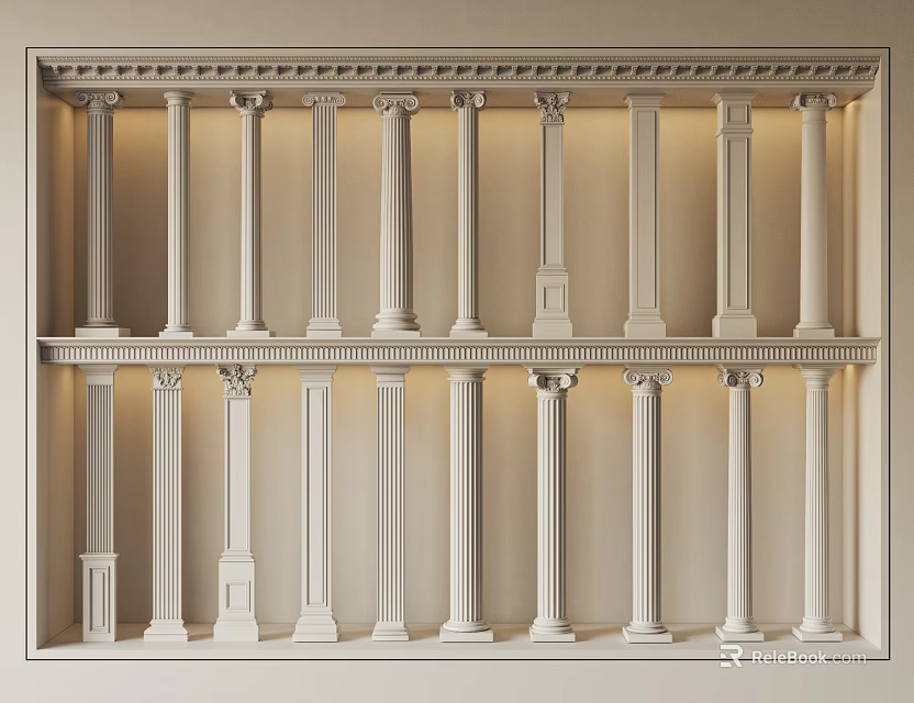 White Roman Columns Display in Two Tiers with Various Classical Orders 3d model