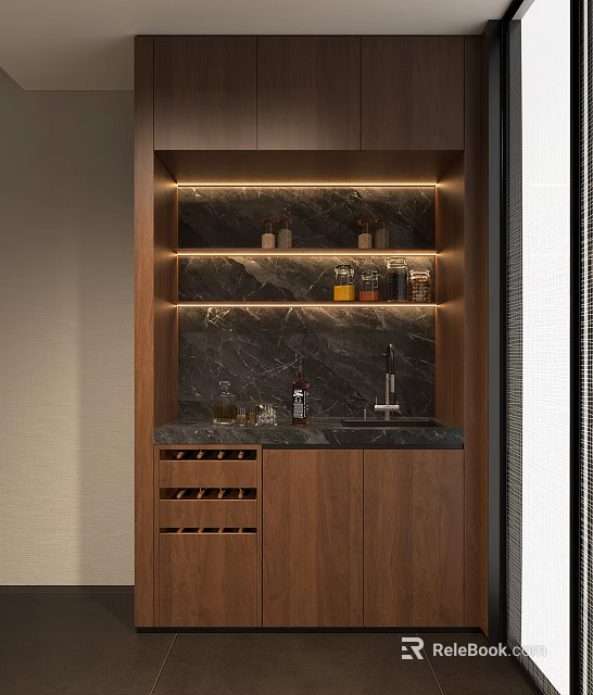 Wooden Sideboard with Marble Top LED Lighting Wine Racks and Upper Storage Shelves 3d model 