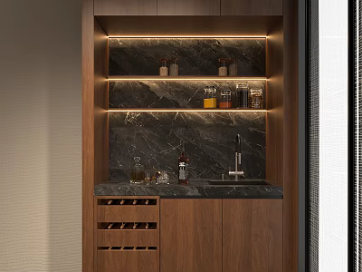 Wooden Sideboard with Marble Top LED Lighting Wine Racks and Upper Storage Shelves 3d model