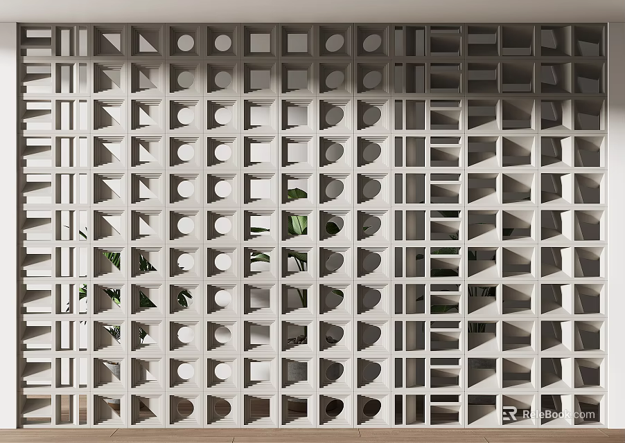 Modern White Geometric Room Divider With Hollow Design And Green Plants 3d model 