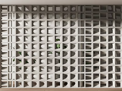 Modern White Geometric Room Divider With Hollow Design And Green Plants 3d model