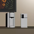 Modern Style White Kitchen Appliances With Gold Accents On Gray Countertop And Floral Wall Decor