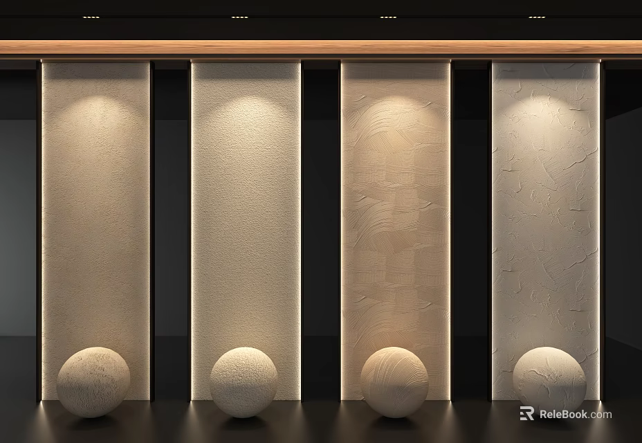 Modern Interior Wall Design With Vertical Textured Panels Decorative Spheres And Lighting 3d model